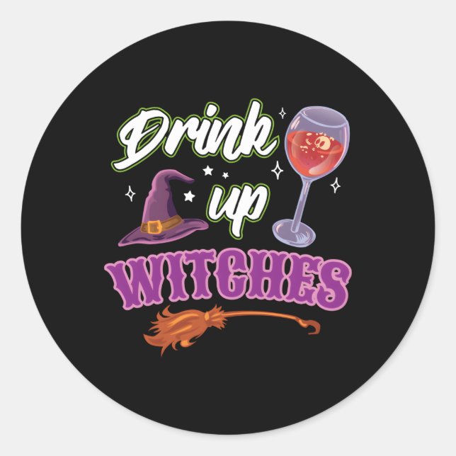 Pegatina Redonda Bebe las brujas Halloween Vino Bebiendo Shir (Anverso)