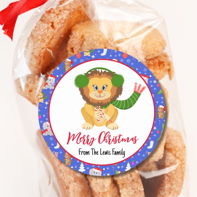 Pegatina Redonda Bebé León Adorable Con Feliz Navidad De Zoo  (Subido por el creador)