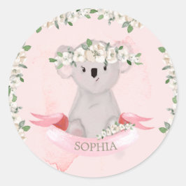 Pegatina Redonda Bebé lindo animal Koala Floral rosa