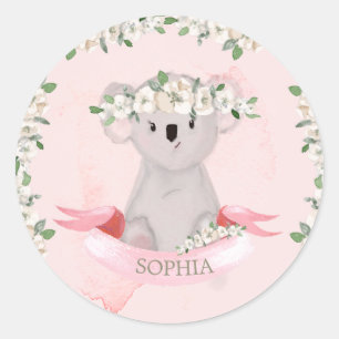 Pegatina Redonda Bebé lindo animal Koala Floral rosa