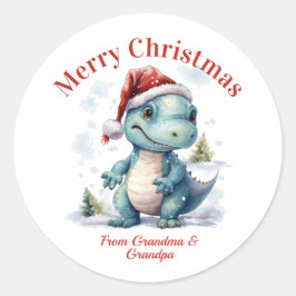 Pegatina Redonda Bebé lindo Dinosaurio Feliz Navidad