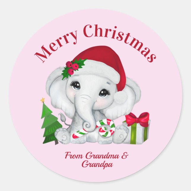 Pegatina Redonda Bebé lindo Elefante Feliz Navidad Rosa (Anverso)