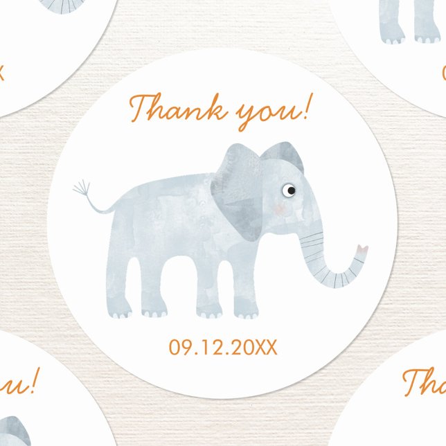 Pegatina Redonda Bebé lindo elefante Gracias Fecha (Cute baby elephant watercolor thank you sticker with date and custom text)