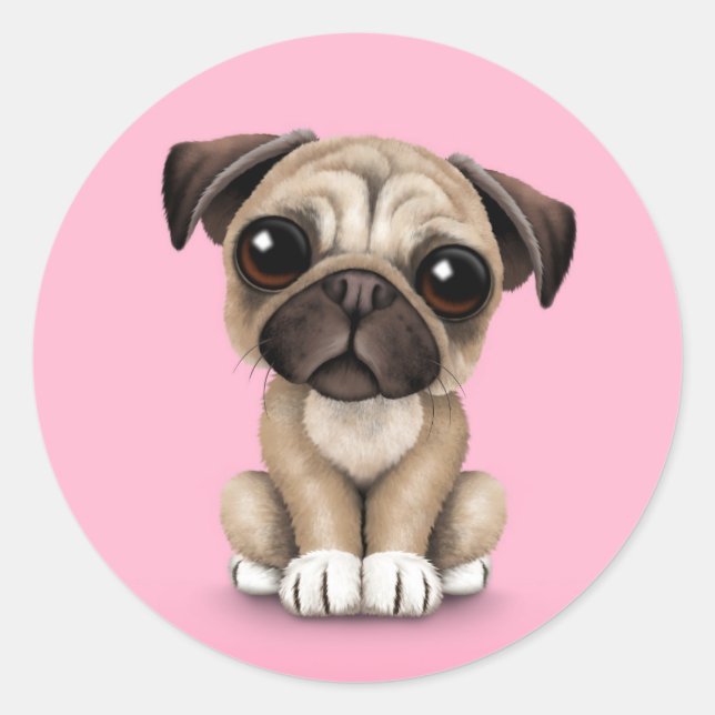 Pegatina Redonda Bebé lindo pug perro cachorro en rosa (Anverso)
