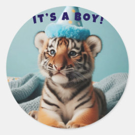 Pegatina Redonda Bebé lindo revelar niño tigre azul bebé
