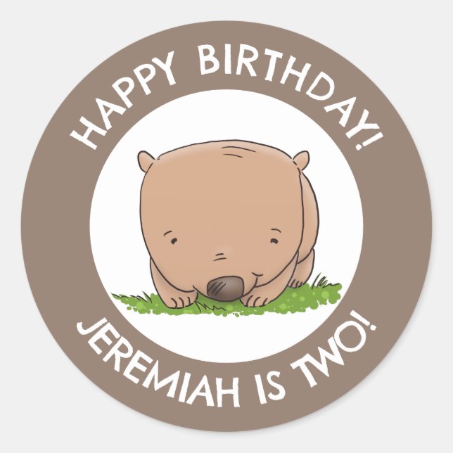 Pegatina Redonda Bebé lindo wombat cumpleaños personalizado persona (Anverso)