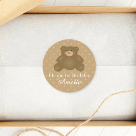 Pegatina Redonda Bebé marrón lindo Teddy Bear primer cumpleaños