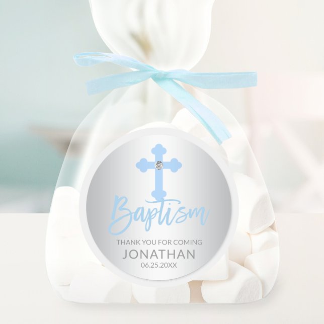Pegatina Redonda Bebé moderno Bastante Azul Baptismo Niño Gracias (Modern Baby Blue Cross Baptism Boy Thank You Classic Round Sticker)
