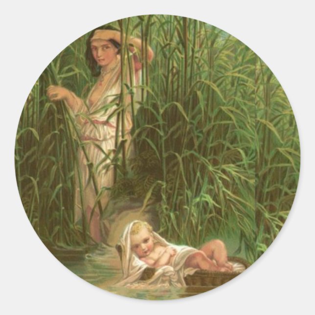 Pegatina Redonda Bebé Moisés Y El Río Nilo (Anverso)