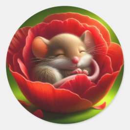 Pegatina Redonda Bebé muy adorable mientras duerme el ratón