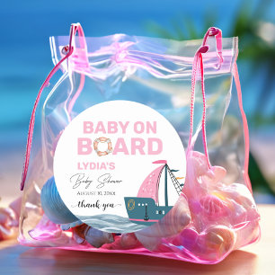 Pegatina Redonda Bebé Náutico Rosa en Baby Shower a bordo
