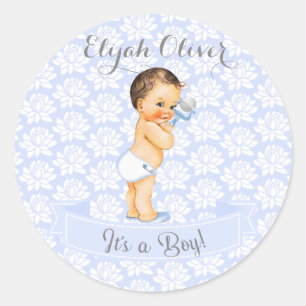 Pegatina Redonda Bebé Niño Azul Blanco y Gris