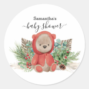 Pegatina Redonda Bebé oso de peluche Navidad  Bouquet boho 