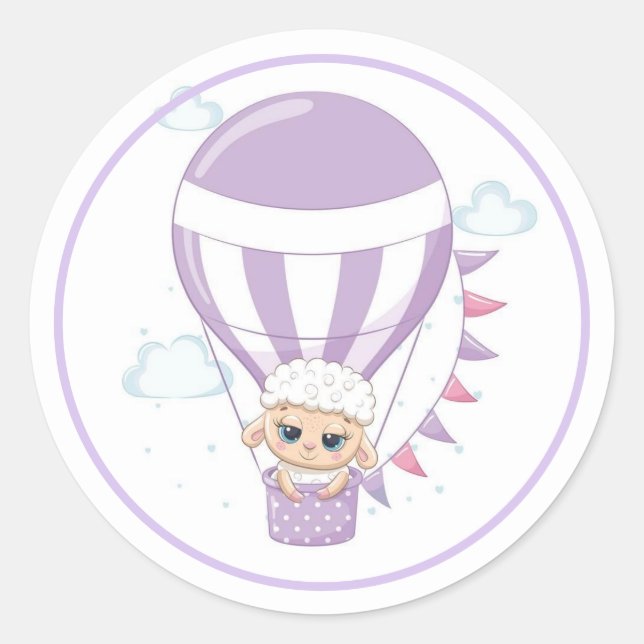 Pegatina Redonda Bebé ovino en balón morado de aire caliente (Anverso)