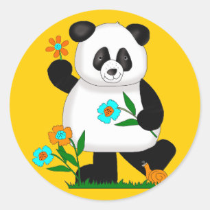 Pegatina Redonda Bebé Panda Niños Con Flores 2