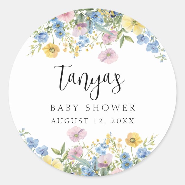 Pegatina Redonda Bebé pastel floral en una invitación acuarela en f (Anverso)
