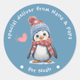 Pegatina Redonda Bebé pequeño pingüino Navidades azules para vacaci