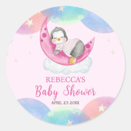 Pegatina Redonda Bebé pequeño pingüino rosado Baby Shower