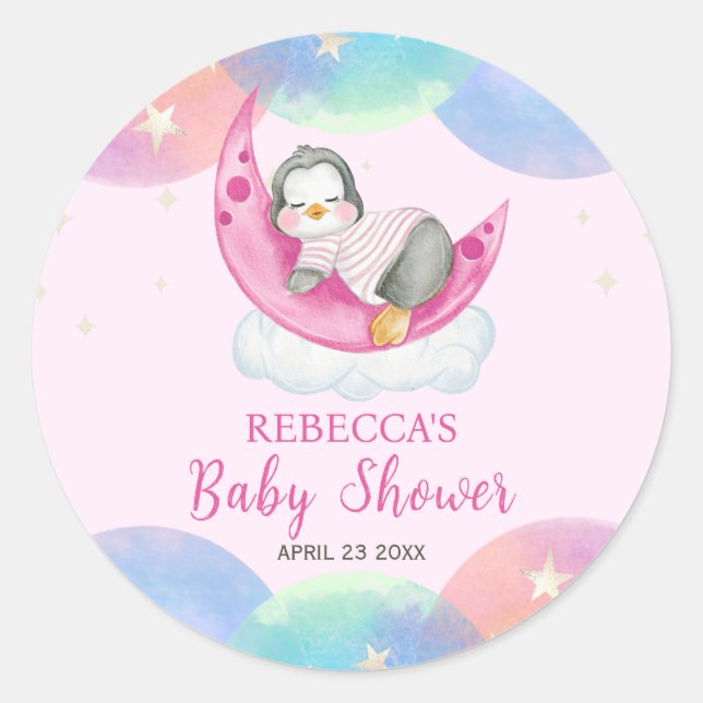 Pegatina Redonda Bebé pequeño pingüino rosado Baby Shower (Anverso)