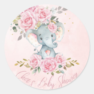 Pegatina Redonda Bebé Pink Floral Cute Elephants Baby Shower