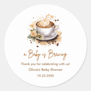Pegatina Redonda Bebé prepara café marrón Baby Shower Gracias