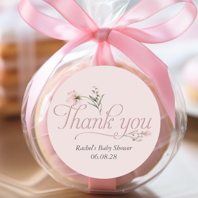 Pegatina Redonda Bebé rosa Chica ducha Elegante guión gracias (Elegant Pink Wildflower, Baby Girl shower favor thank you stickers.)