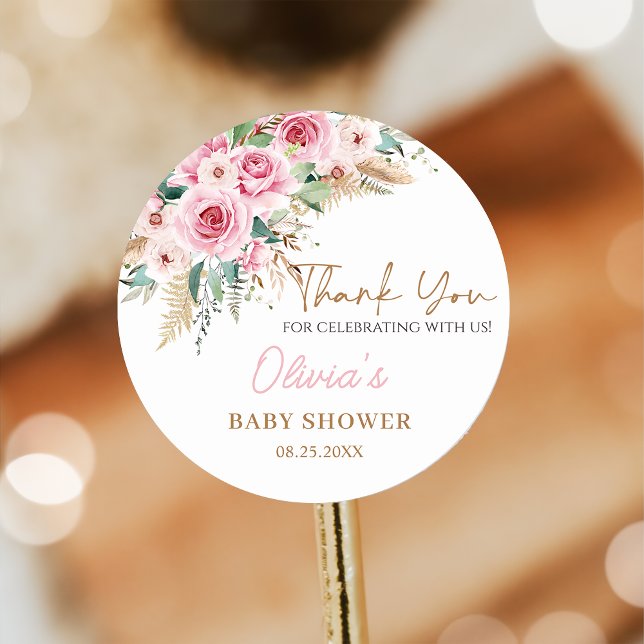 Pegatina Redonda Bebé Rosa En Bloom Boho Floral Baby Shower (Subido por el creador)