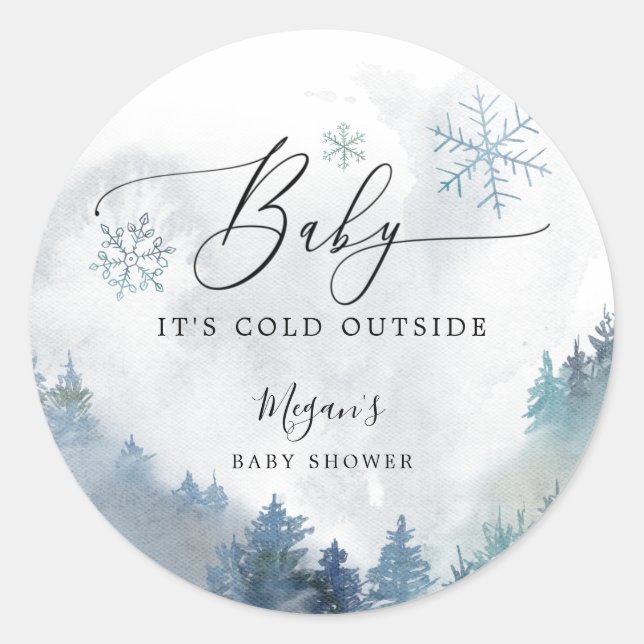 Pegatina Redonda Bebé rústico frío fuera del Baby Shower azul (Anverso)
