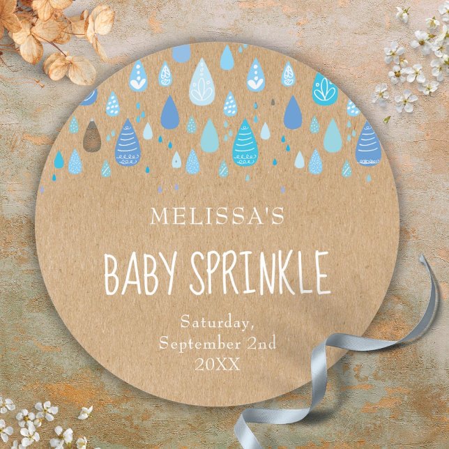 Pegatina Redonda Bebé Rústico Lluvia Azul Bebé Ducha Espolvorosa (Rustic Baby Blue Raindrops Baby Sprinkle Shower Classic Round Sticker)