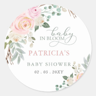 Pegatina Redonda Bebé sabio en Baby Shower, Chica floral rosa en fl