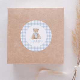Pegatina Redonda Bebé Shower de Oso de Peluche de Cuadros Azules