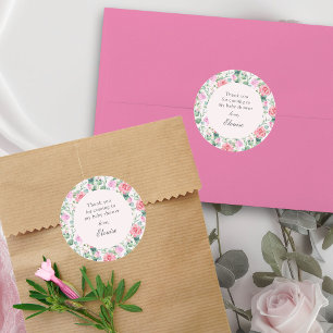 Pegatina Redonda Bebé Shower de Rosas Rosadas Acuarela Floral Jardí