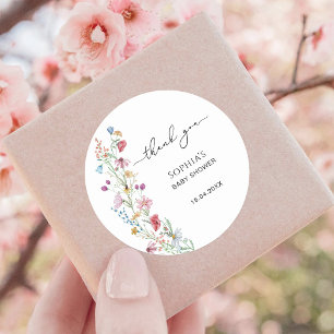 Pegatina Redonda Bebé shower Flores silvestres Gracias