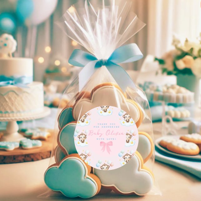 Pegatina Redonda Bebé simple lindo globos de mono rosado Gracias (Baby shower sticker)