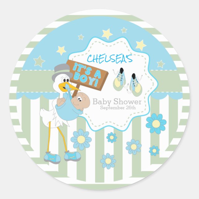 Pegatina Redonda Bebé Stork Baby Boy Shower (Anverso)