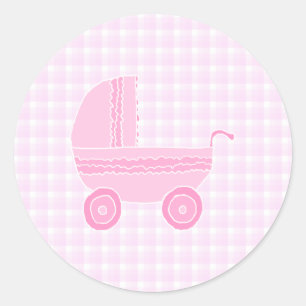 Pegatina Redonda Bebé Stroller. Rosa claro en Pink Gingham.