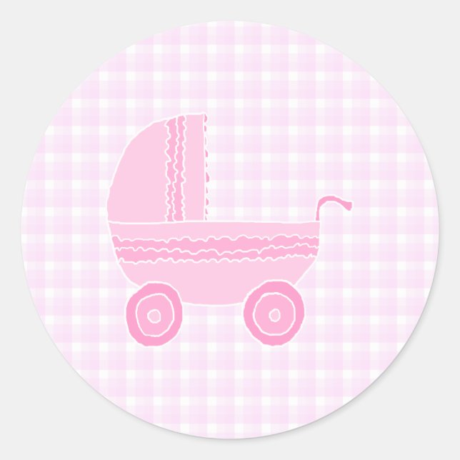 Pegatina Redonda Bebé Stroller. Rosa claro en Pink Gingham. (Anverso)