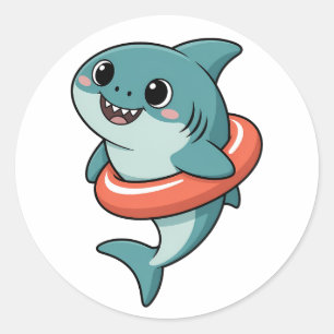 Pegatina Redonda Bebé Tiburón Adorable Con Flotador Niños