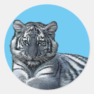 Pegatina Redonda bebé tigre blanco cachorro jungla safari arte anim