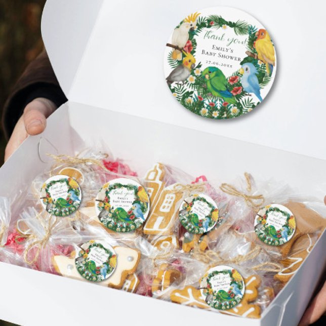 Pegatina Redonda Bebé tropical exótico Parrots salvajes Baby Shower (Subido por el creador)