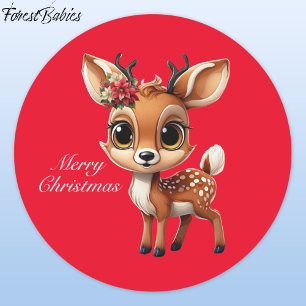 Pegatina Redonda Bebé venado, alba, perro, reno 🦌 🎄 Navidades roj