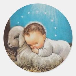 Pegatina Redonda Bebé Vintage Durmiendo Con Un Cordero