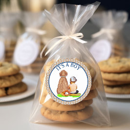 Pegatina Redonda Bebé y perro de béisbol tema Baby Shower