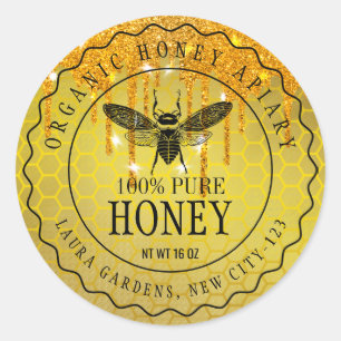 Pegatina Redonda Bebida de miel Vendedora de Abejas de Oro Vintage 
