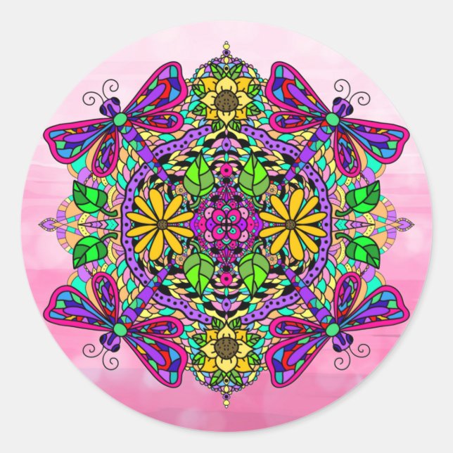 Pegatina Redonda Bebida rosa y flores Mandala dibuja arte (Anverso)