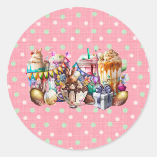 Pegatina Redonda Bebidas de café Fancy Bunny de Pascua