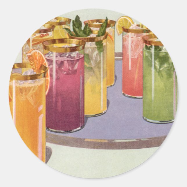 Pegatina Redonda Bebidas heladas de época en una bandeja (Anverso)