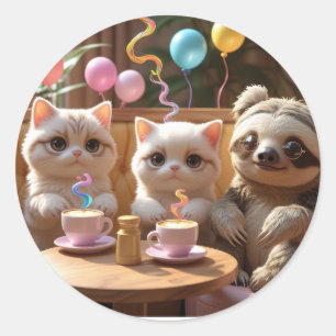 Pegatina Redonda Bebiendo Cuteness: Vibraciones de Cat Café con un