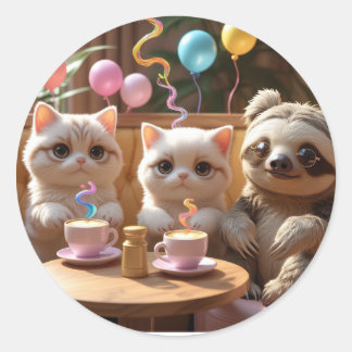 Pegatina Redonda Bebiendo Cuteness: Vibraciones de Cat Café con un