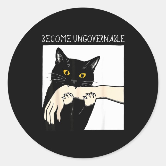 Pegatina Redonda Become Ungovernable - Black Cat Biting Hand Funny  (Anverso)